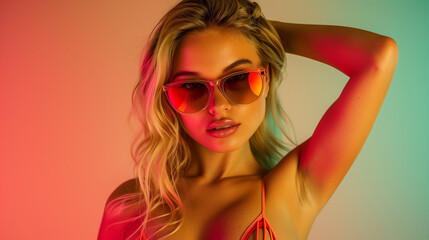 Fototapeta premium Glamorous Blonde Woman in Sunglasses with Tropical Vibes