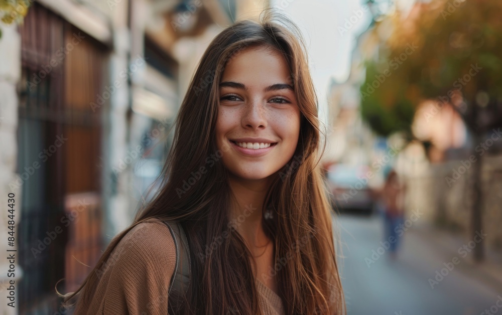 Wall mural A woman with long brown hair is smiling and standing on a street. She is wearing a brown sweater and a backpack