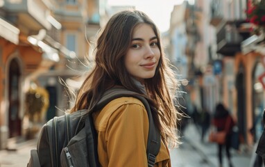 A woman with a backpack and a yellow jacket is smiling. She is standing on a street with other people around her