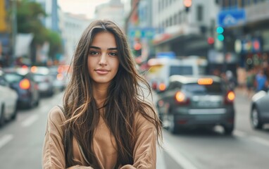 Obraz premium A woman with long brown hair stands on a city street. She is wearing a brown sweater and has her arms crossed. The street is busy with cars and traffic lights