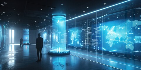 Skilled business man standing at futuristic data center with hologram of financial data analysis. Smart project manager checking global communication and making decision or planning strategy. AIG42.