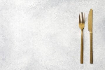 Stylish cutlery on light grey table, top view. Space for text