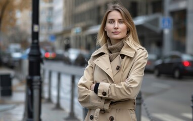 Fototapeta premium A woman in a tan trench coat stands on a sidewalk in front of a pole. She is wearing a scarf and has her arms crossed. The scene is set in a city with cars and a bus in the background