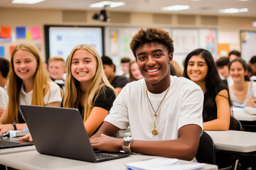 Bright and diverse group of high school students studying in a modern classroom, using laptops and engaging in collaborative learning.