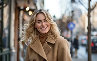 Fototapeta premium A woman with blonde hair is smiling and wearing a brown coat. She is standing on a street with cars and a bicycle