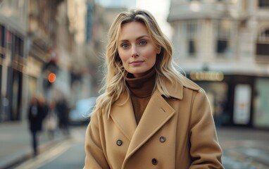 Fototapeta premium A woman wearing a brown coat and a scarf stands on a city street. She is smiling and looking at the camera