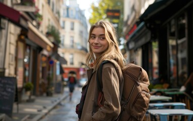 A woman with a backpack is smiling in front of a restaurant. The scene is lively and bustling with people walking around