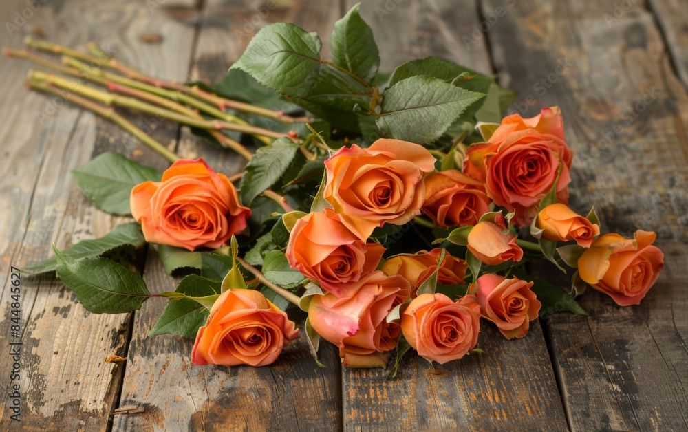 Poster a bouquet of orange roses is sitting on a wooden table. the roses are arranged in a way that they ar