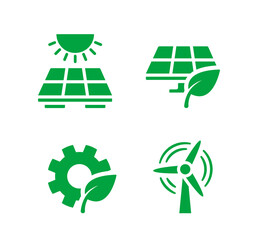 Set Of Green Ecology Icons Representing Renewable Energy Sources And Sustainability Concepts. Vector Symbols Or Signs