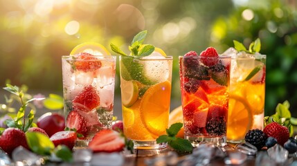 Wide-Angle Assorted Summer Cocktails with Fresh Fruit and Ice