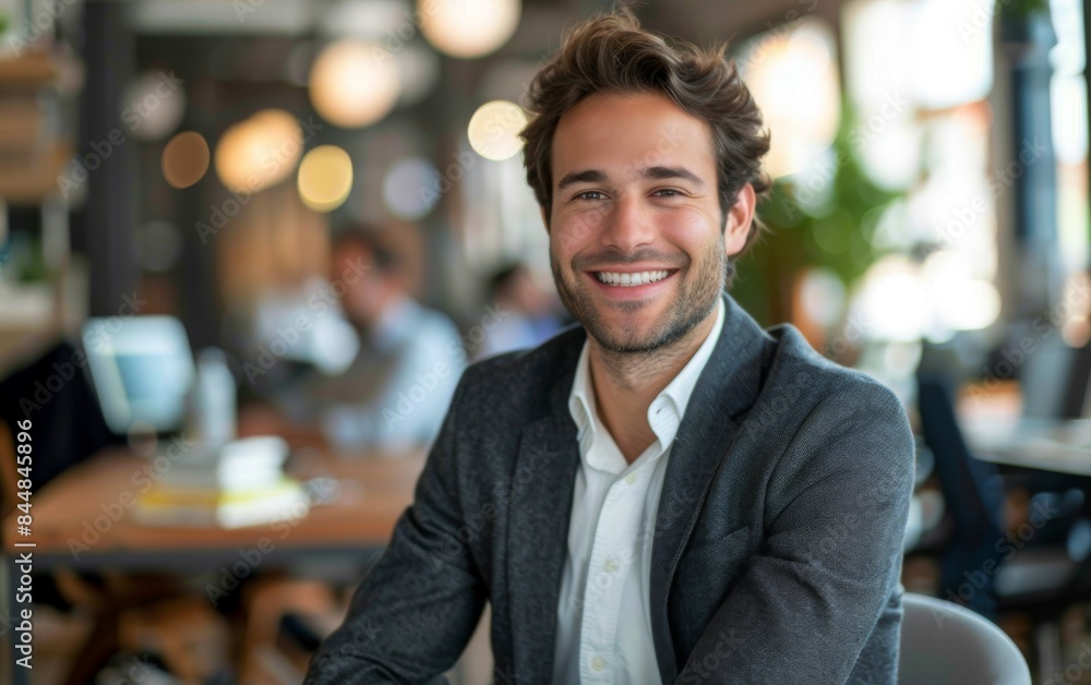Poster a man in a suit is smiling and sitting at a desk. the scene is set in a busy office environment with