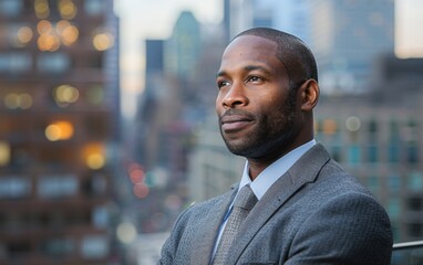 Obraz premium A man in a suit and tie stands on a rooftop looking out over a city. He is in a contemplative mood, possibly reflecting on his work or personal life