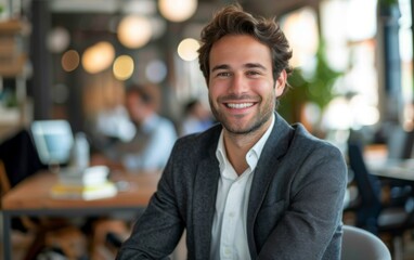 Fototapeta premium A man in a suit is smiling and sitting at a desk. The scene is set in a busy office environment with multiple people and objects around him