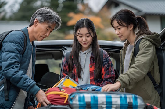 Asian family packing car for trip, symbolizing teamwork and travel for back to college
