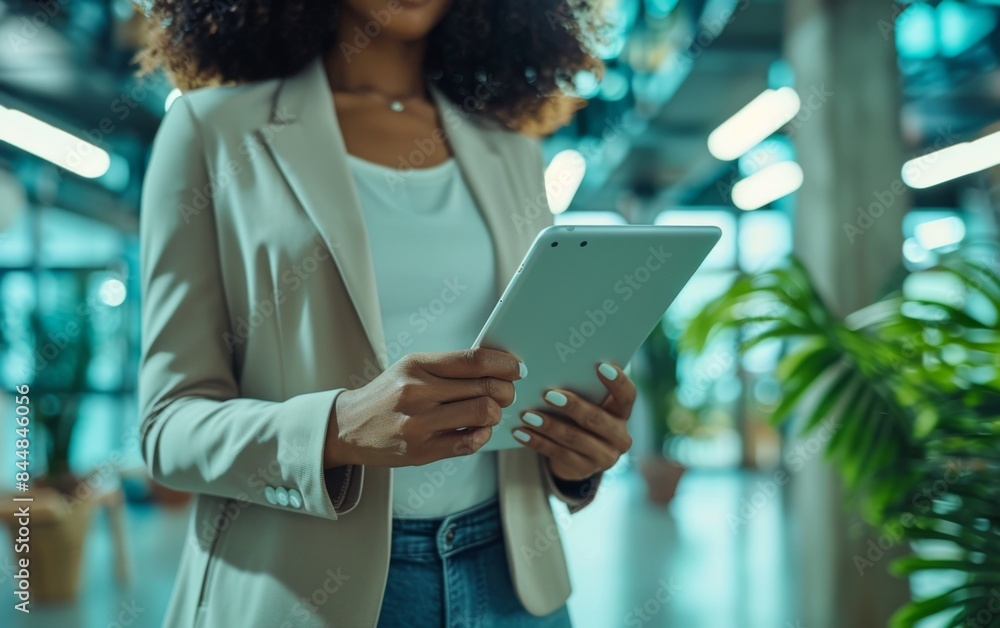 Poster a woman wearing a suit and holding a tablet. she is in a business setting. the tablet is a smart dev
