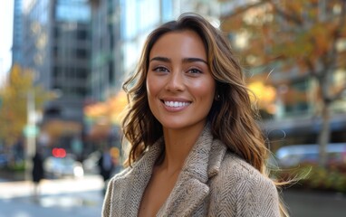 Fototapeta premium A woman with long brown hair is smiling in front of a building. She is wearing a brown coat and she is happy