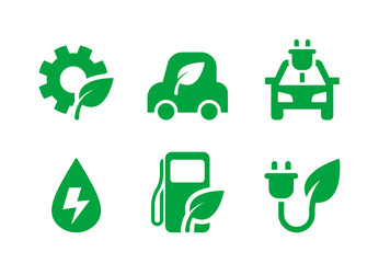 Set Of Green Icons Representing Sustainable Energy And Eco-friendly Transportation Concepts, Vector Symbols Collection