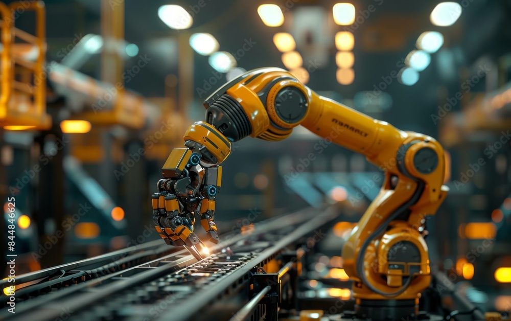 Poster a robot is working on a machine in a factory. the robot is yellow and has a metal arm. the scene is 