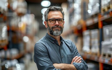 A man with glasses stands in a warehouse with his arms crossed. He is smiling and he is confident