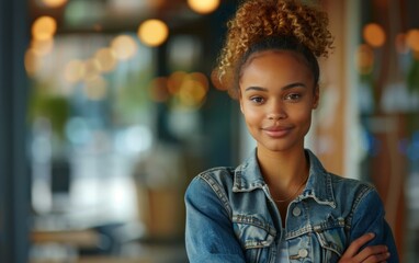 Obraz premium A woman with curly hair is wearing a denim jacket and is smiling. She is standing in front of a window with a blurry background