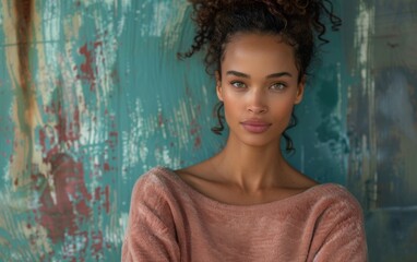 Fototapeta premium A woman with brown hair and green eyes is standing in front of a blue wall. She is wearing a pink sweater and has a serious expression on her face