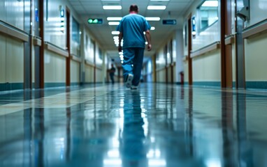 Fototapeta premium A man in a blue scrubs walks down a hallway