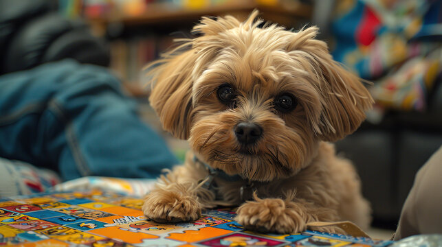 A domestic dog playing a board game 