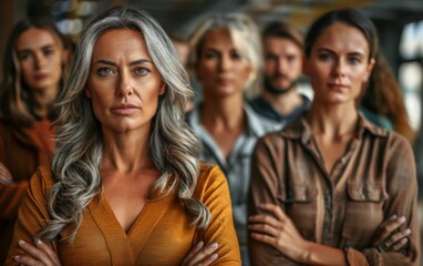 Fototapeta premium A group of people are standing together, one of them is a woman with long hair and a serious expression