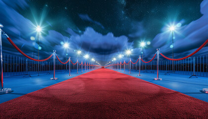 A panoramic shot of a red carpet event under the night sky, spotlights casting an even glow while...