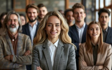 A group of people are standing together, with a woman in the center of the group. The woman is smiling and looking at the camera, while the other people are also smiling and looking at the camera
