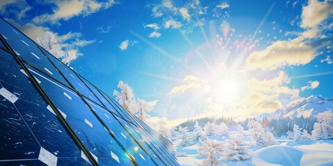 Solar panels and snow against the background of frost-covered plants in the sunset light. Electrical production in winter, generation problems and panel care