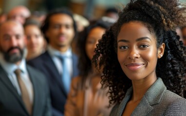 Obraz premium A woman with curly hair is smiling at the camera. She is surrounded by other people, some of whom are wearing ties. Concept of professionalism and confidence, as the woman stands out among the crowd