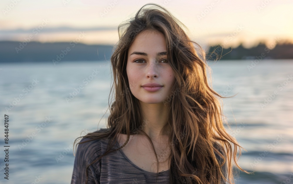 Wall mural A woman with long brown hair stands in front of a body of water. She has a smile on her face and she is enjoying the view