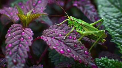 Green grasshopper on the green and purple leaves after rainfall