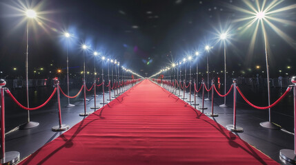A panoramic view of a red carpet at a glamorous night event, with spotlights casting a bright glow and ropes securing the area