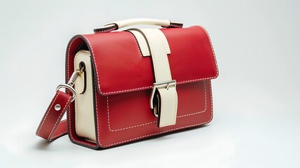 A trendy red and white leather purse with a striking contrast, against a white background