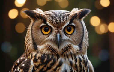 Obraz premium Night's Majesty: An Owl Surveying the World amid Bokeh Lights