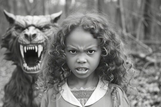 Ironic portrait of a curly-haired girl with monster are angrily terrible tries to frighten everybody
