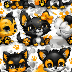 Fototapeta premium Cute cartoon design dogs and cats with paw prints seamless pattern vector illustration style