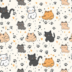 Cute cartoon design cats with paw prints seamless pattern vector illustration style light background