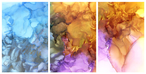 Set Abstract smoke watercolor and alcohol ink painting. Color background. Marble texture.