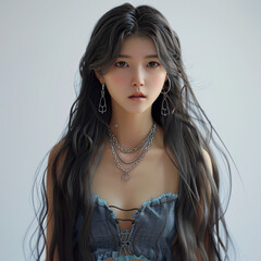 whole body a tall korean, Beautiful Korean girl model isolated background long black hair looking at camera © Eva