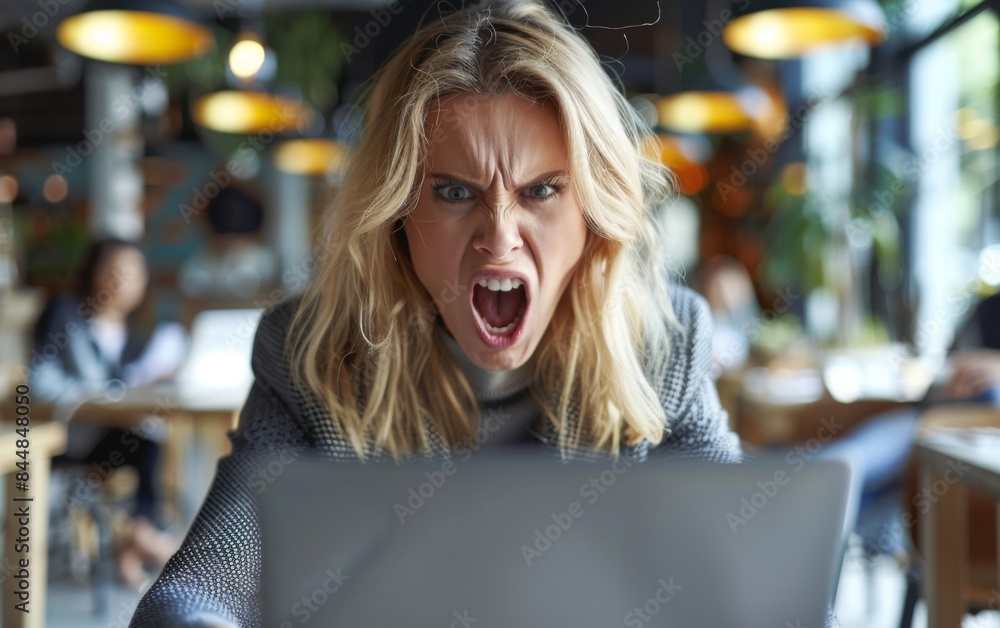 Wall mural A woman is sitting at a table with a laptop in front of her. She is angry and yelling at the screen