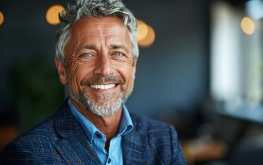 Fototapeta premium A man with a beard and gray hair is smiling and wearing a blue jacket. He is posing for a picture