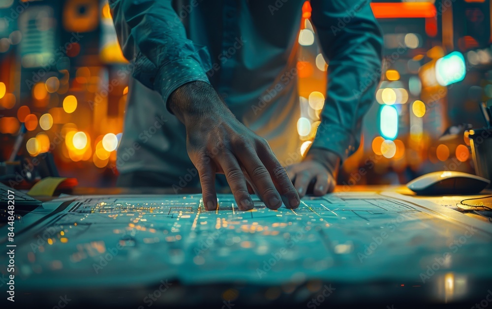Aufkleber a man is working on a computer screen with a hand on it. concept of focus and concentration as the m