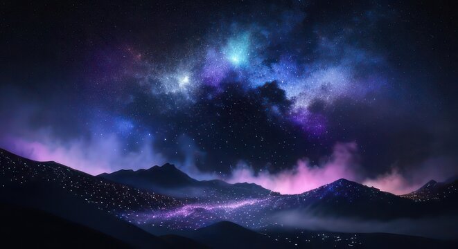Mountains landscape with bright satars in dark, cosmic, stellar night.