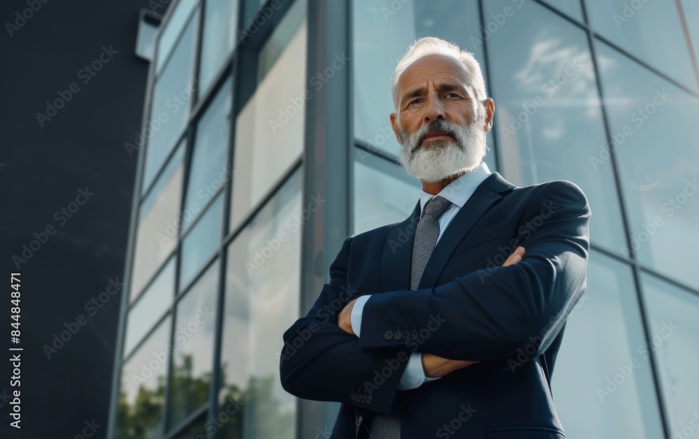 Poster a man in a suit and tie stands in front of a building with his arms crossed. he is confident and ass