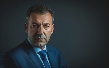 Obraz premium A man in a suit and tie is looking at the camera with a serious expression. Concept of formality and professionalism, as the man is dressed in a suit and tie
