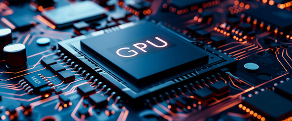 closeup view on GPU chip, computing, and artificial intelligence technology, AI supercomputer in the style of modern technology