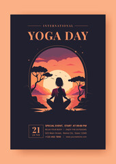 International Yoga Day. June 21. Woman at sunrise or sunset doing yoga outdoors. A woman is doing yoga, practicing, meditating. Trees, sea and hills in the background. Flyer, banner, poster. Vector